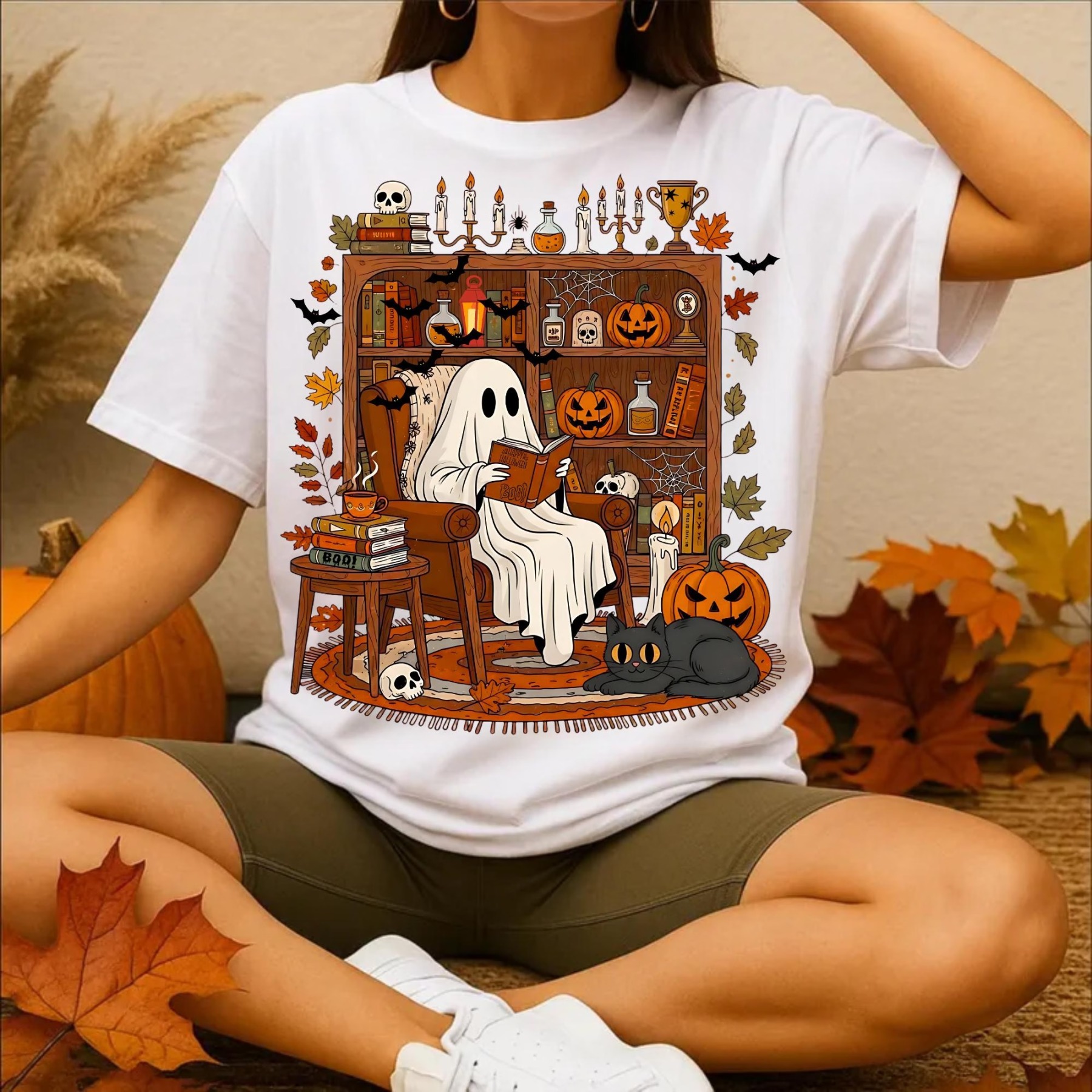 Retro Cozy Ghost Reading Halloween T-Shirt