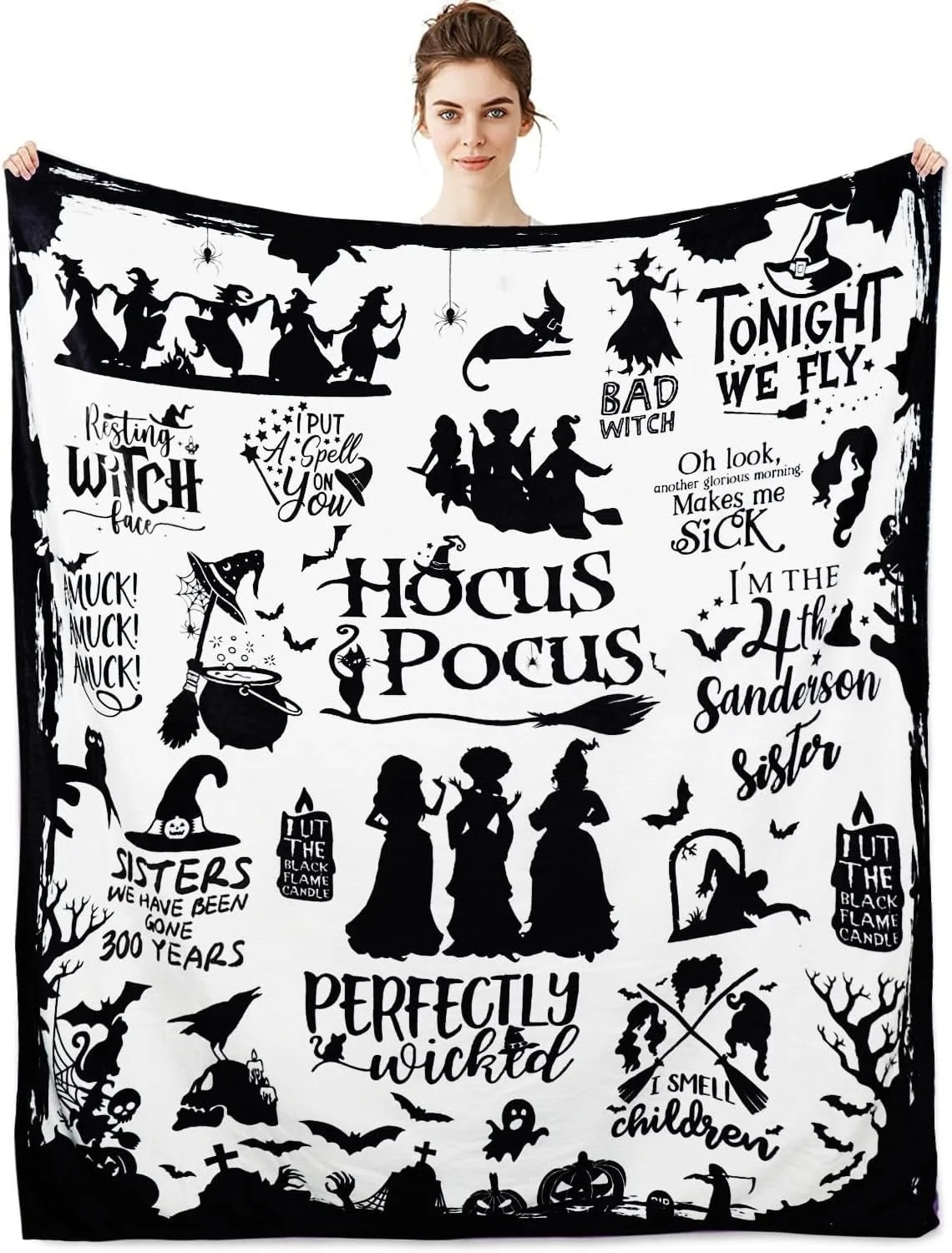 Halloween Hocus Pocus Witch Print Flannel Throw Blanket