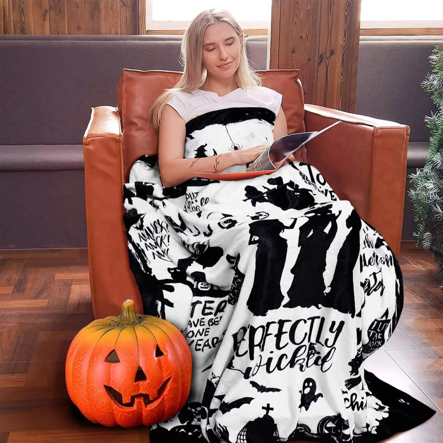 Halloween Hocus Pocus Witch Print Flannel Throw Blanket