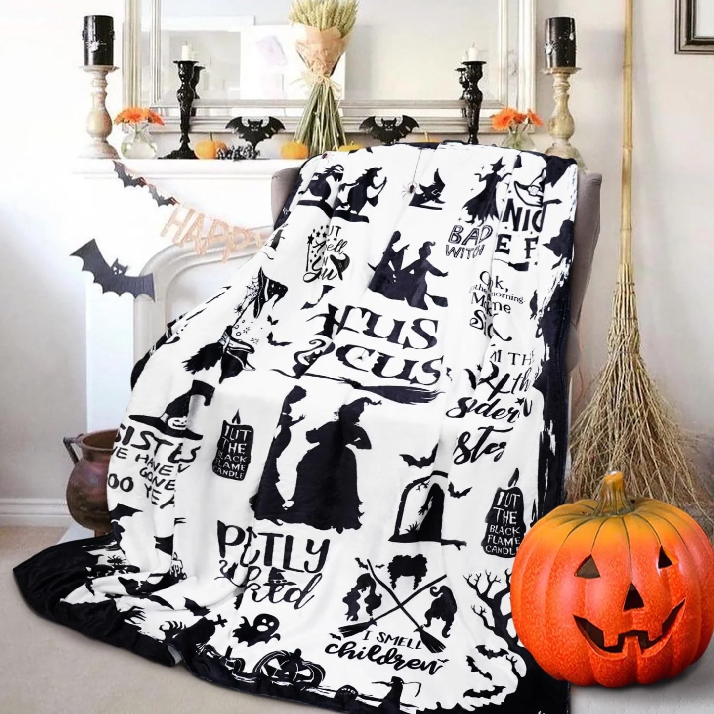 Halloween Hocus Pocus Witch Print Flannel Throw Blanket