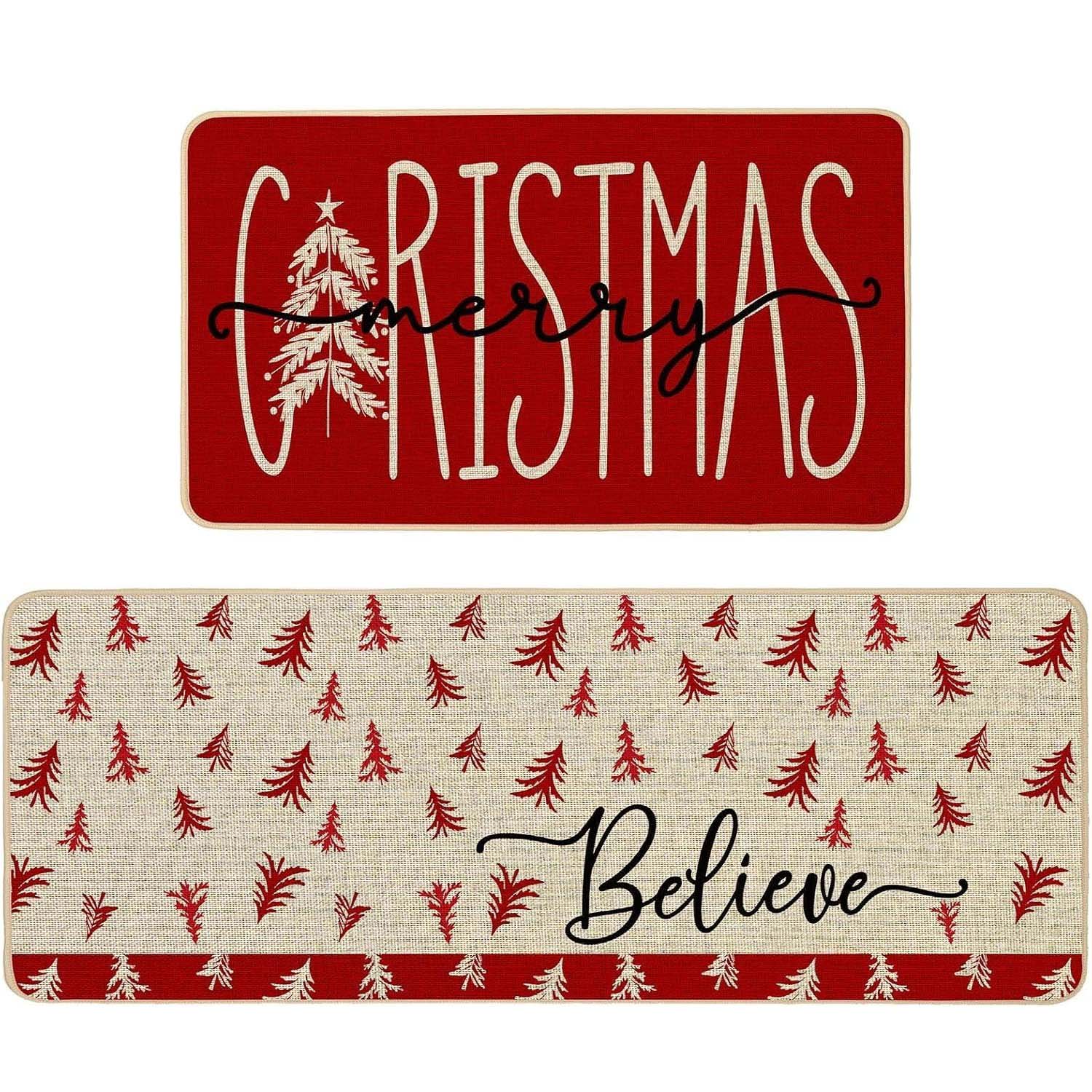 2 Pcs Christmas Trees Kitchen Mats for Floor