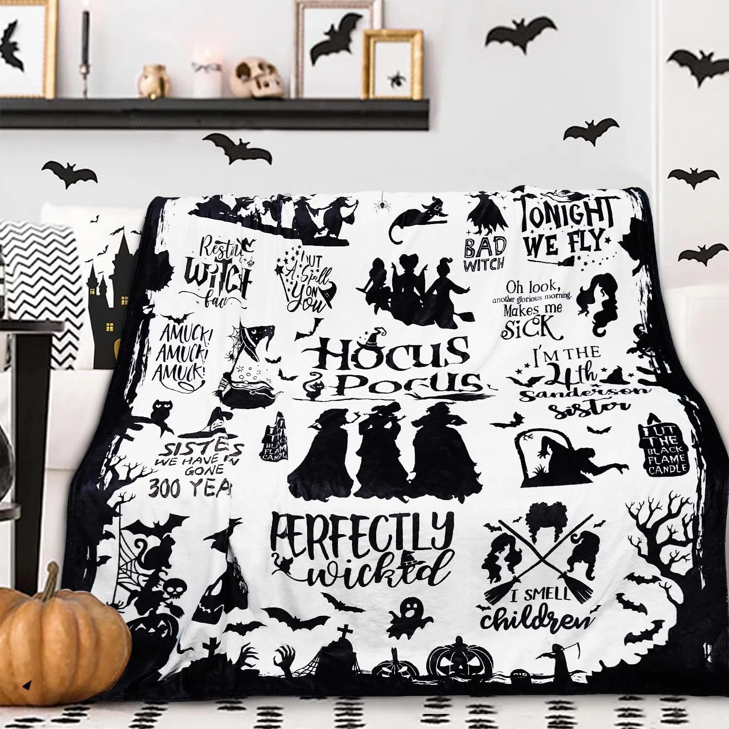 Halloween Hocus Pocus Witch Print Flannel Throw Blanket