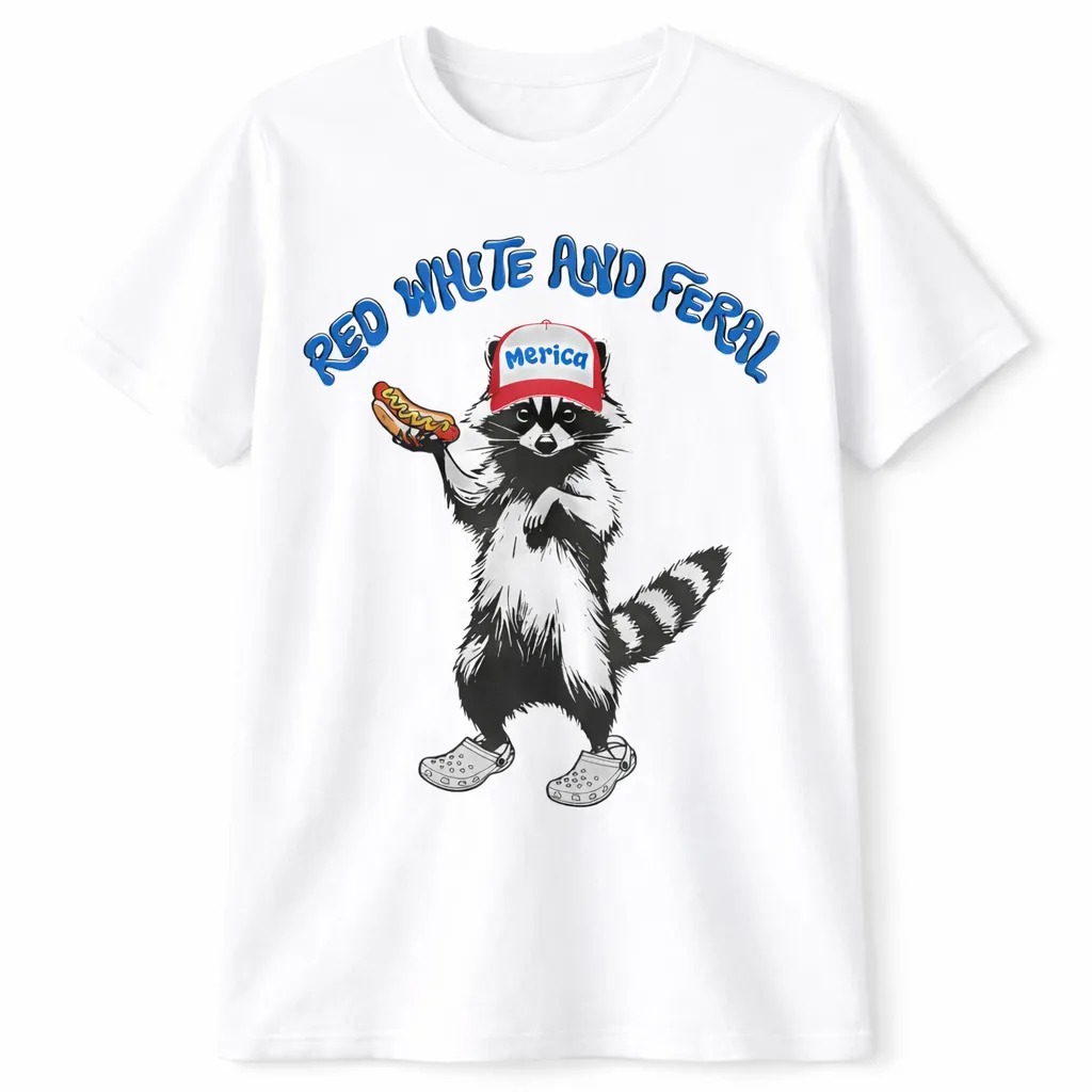 4th of July Funny Raccoon Graphic Tee – Red, White & Feral
