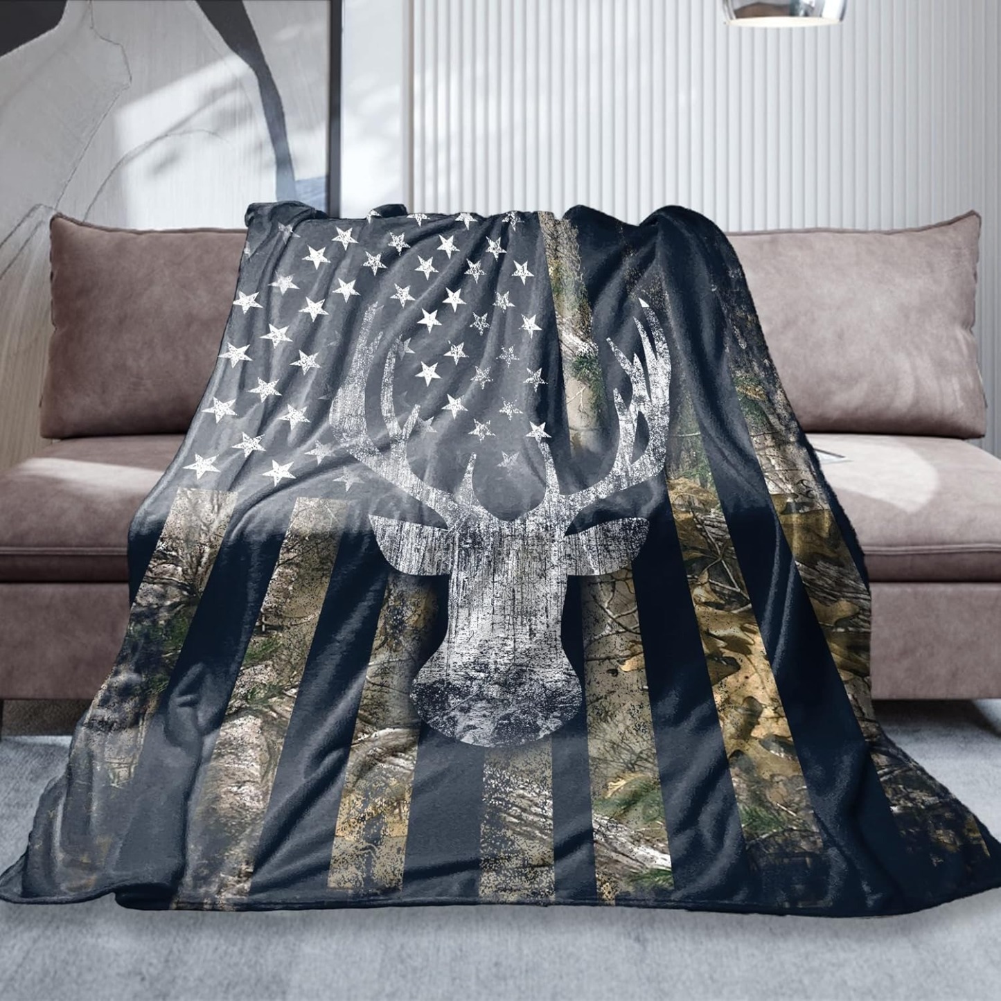 USA Camo Buck Deer Flag Hunting Blanket