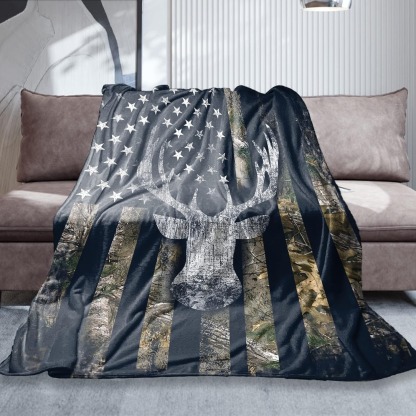 USA Camo Buck Deer Flag Hunting Blanket