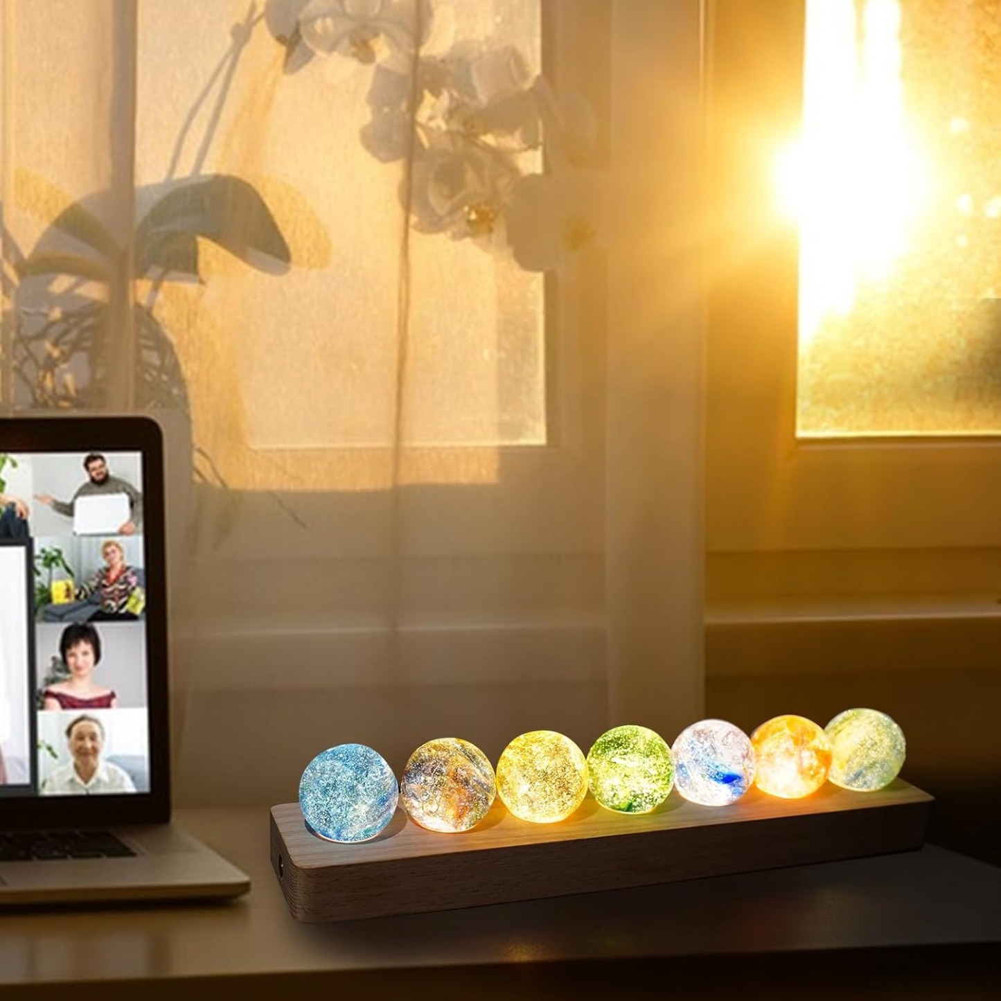 7 Colors Glass Crystal Ball Light with Wood Base