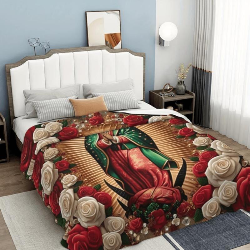 Virgin Mary With Roses Pattern Flannel Blanket