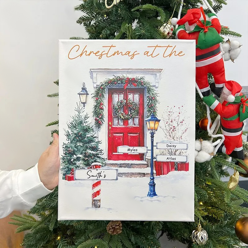 Custom Christmas Door Print Family Name Wall Art Winter Watercolor Canvas