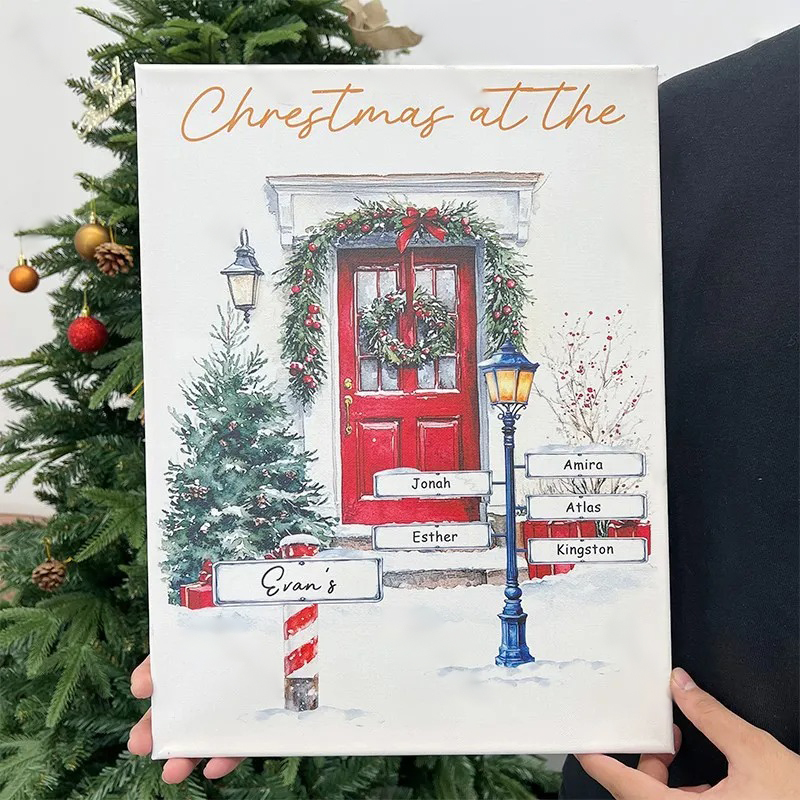 Custom Christmas Door Print Family Name Wall Art Winter Watercolor Canvas