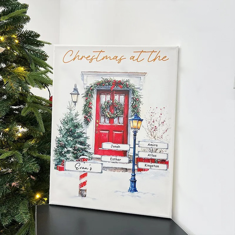 Custom Christmas Door Print Family Name Wall Art Winter Watercolor Canvas