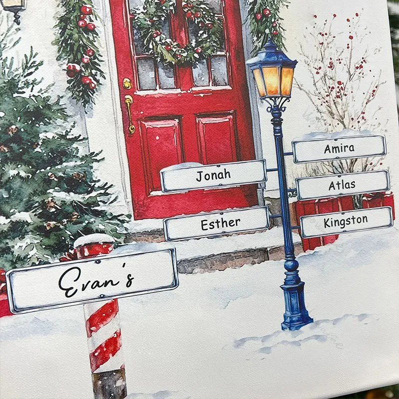 Custom Christmas Door Print Family Name Wall Art Winter Watercolor Canvas