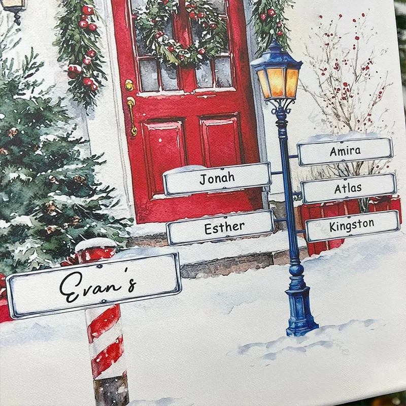 Custom Christmas Door Print Family Name Wall Art Winter Watercolor Canvas