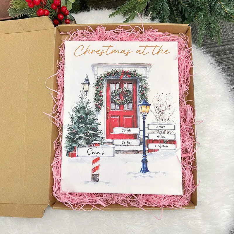 Custom Christmas Door Print Family Name Wall Art Winter Watercolor Canvas