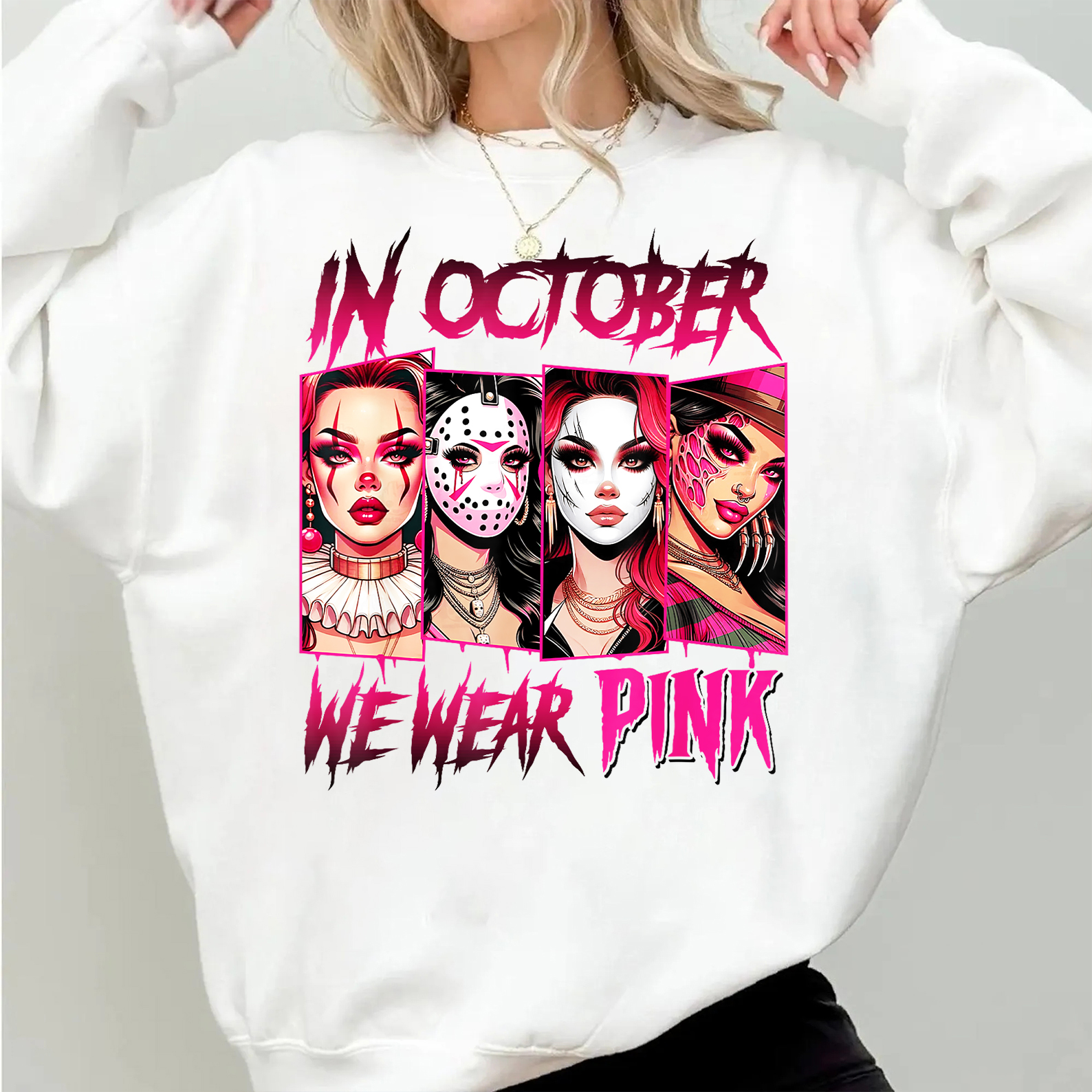 In October We Wear Pink Horror Halloween Breast Cancer T-Shirt