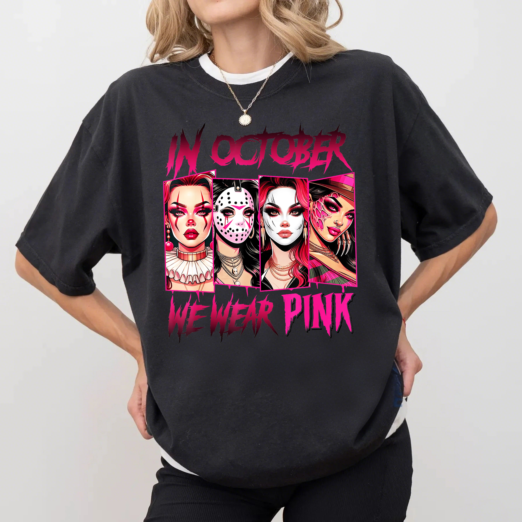 In October We Wear Pink Horror Halloween Breast Cancer T-Shirt