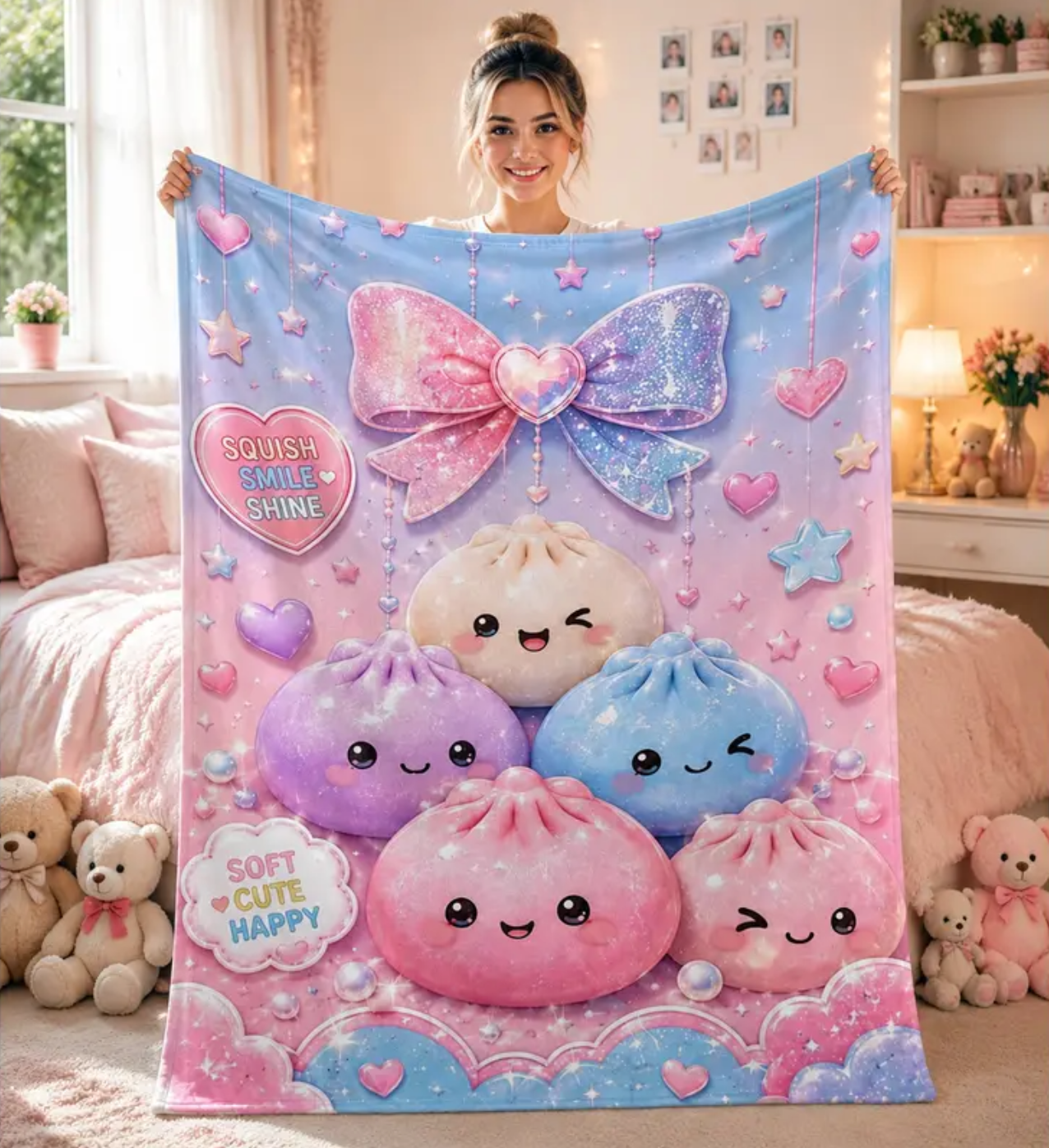 Kawaii Galaxy Bow Flannel Throw Blanket 