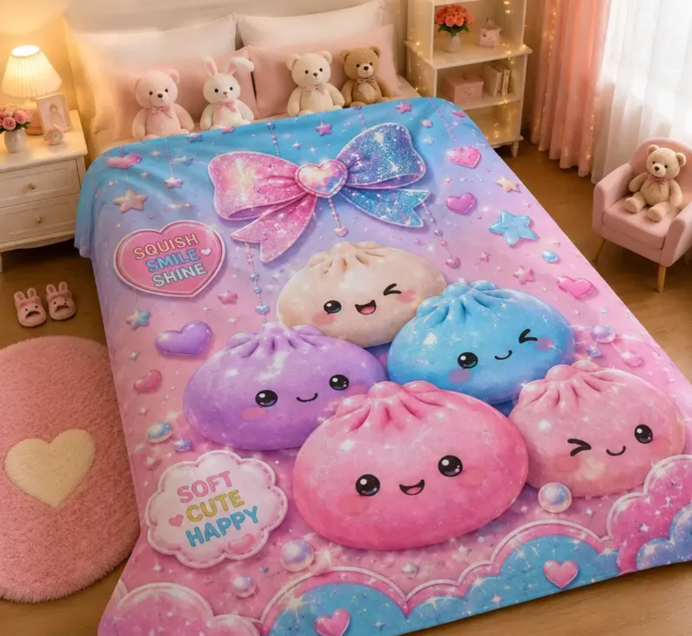 Kawaii Galaxy Bow Flannel Throw Blanket 