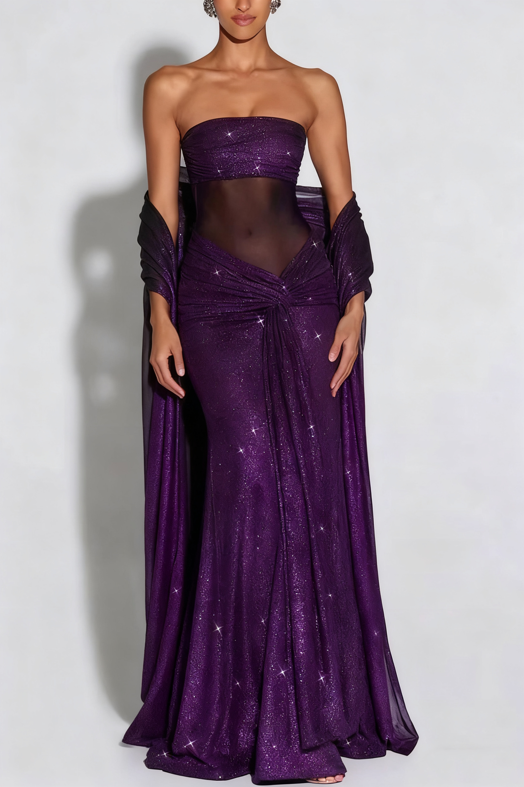 49% zniżki na wyprzedaż✨Paula Sequined siatki i Jersey z ramienia Ruched węzeł zasłona szal Maxi sukienka