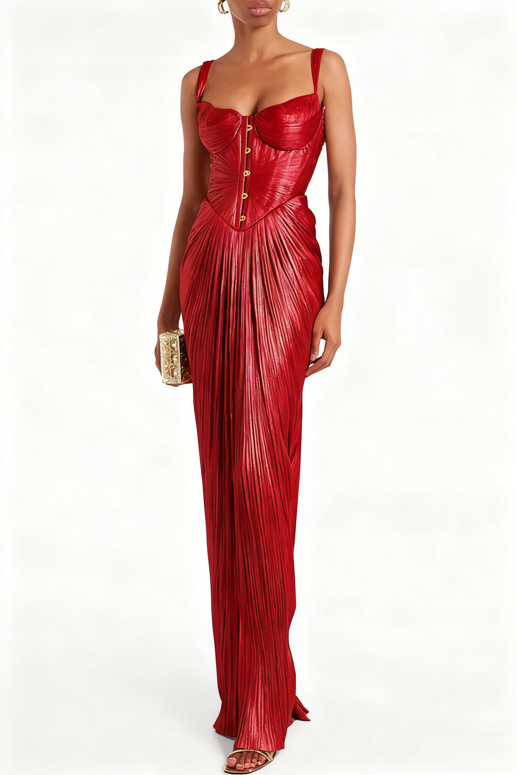 49% zniżki na wyprzedaż✨Vegas królowa metalowe plisowane rzeźbione bodice z powrotem z koronką Drape Maxi sukienka
