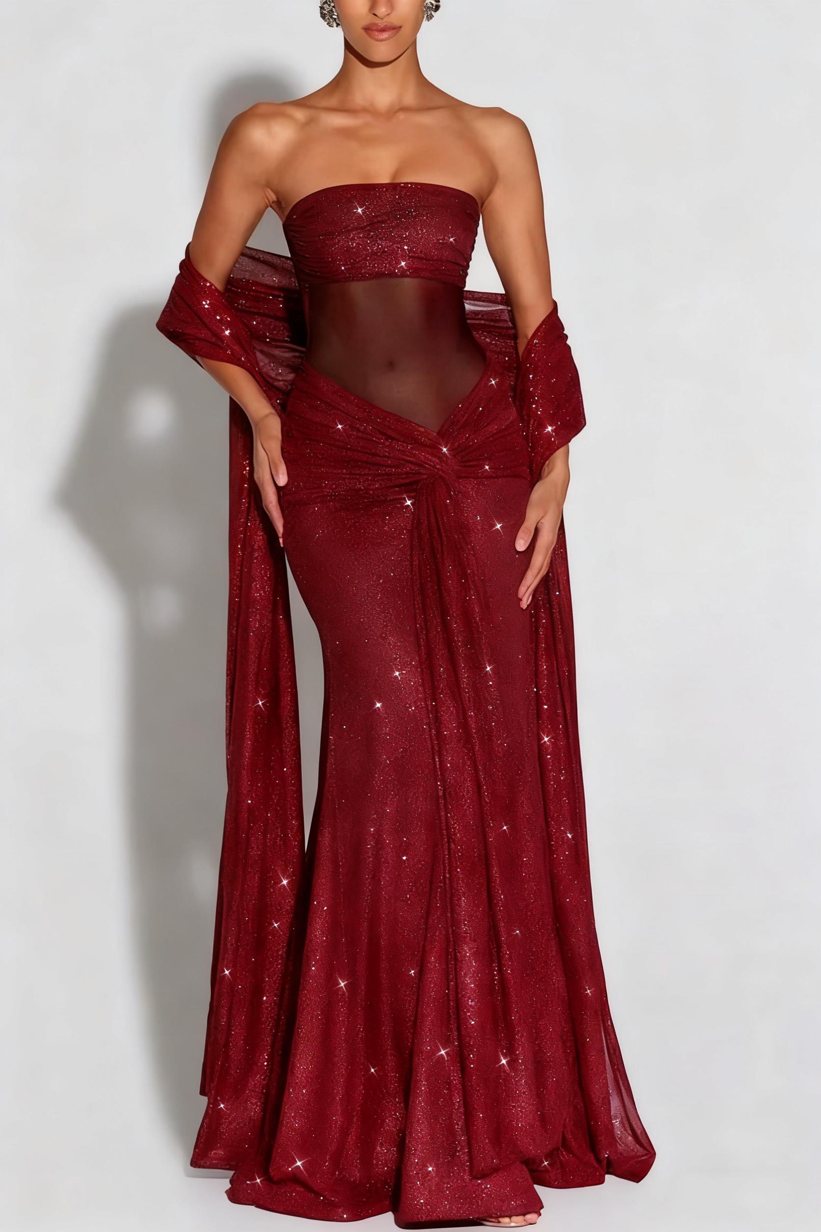 49% zniżki na wyprzedaż✨Paula Sequined siatki i Jersey z ramienia Ruched węzeł zasłona szal Maxi sukienka
