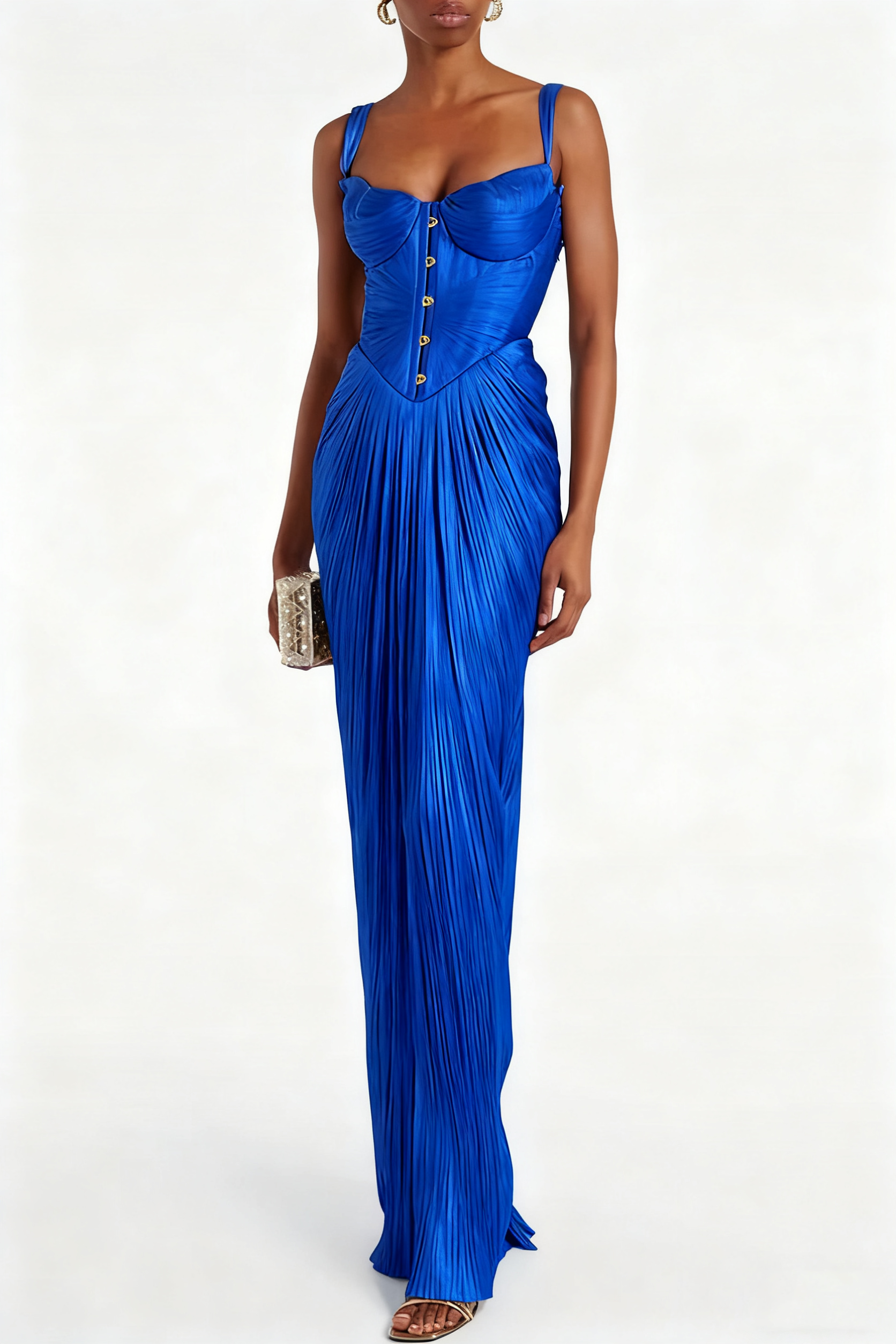 49% zniżki na wyprzedaż✨Vegas królowa metalowe plisowane rzeźbione bodice z powrotem z koronką Drape Maxi sukienka