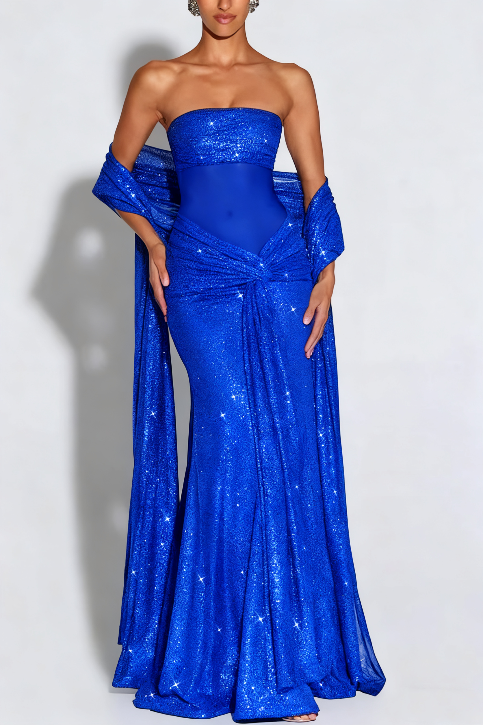 49% zniżki na wyprzedaż✨Paula Sequined siatki i Jersey z ramienia Ruched węzeł zasłona szal Maxi sukienka