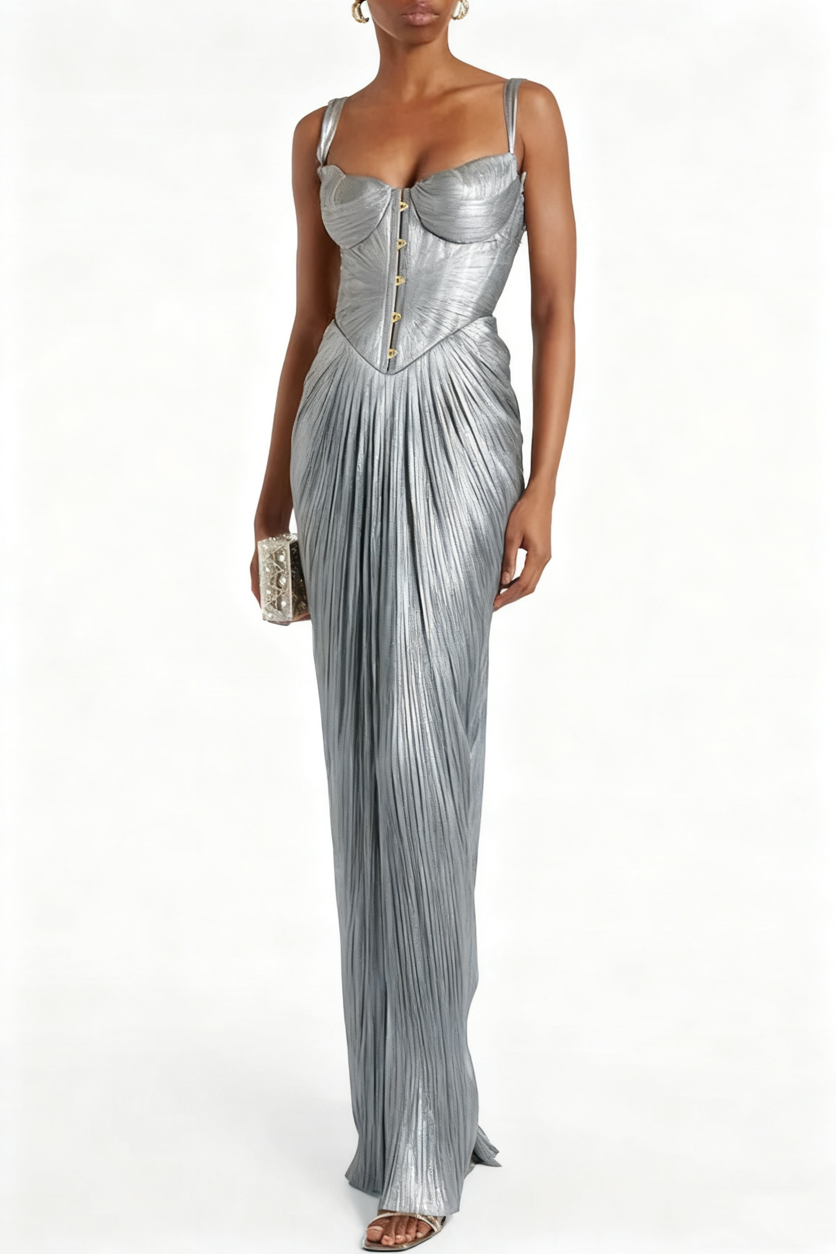 49% zniżki na wyprzedaż✨Vegas królowa metalowe plisowane rzeźbione bodice z powrotem z koronką Drape Maxi sukienka