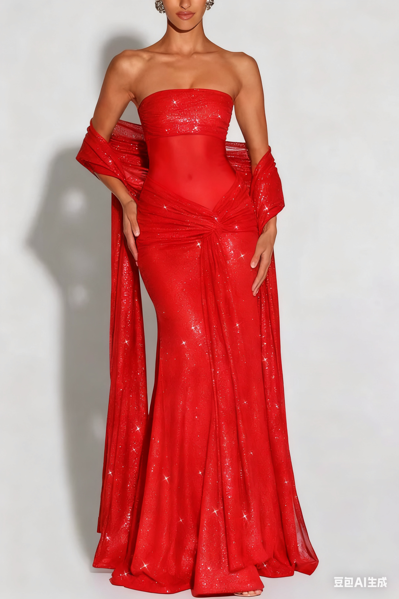 49% zniżki na wyprzedaż✨Paula Sequined siatki i Jersey z ramienia Ruched węzeł zasłona szal Maxi sukienka