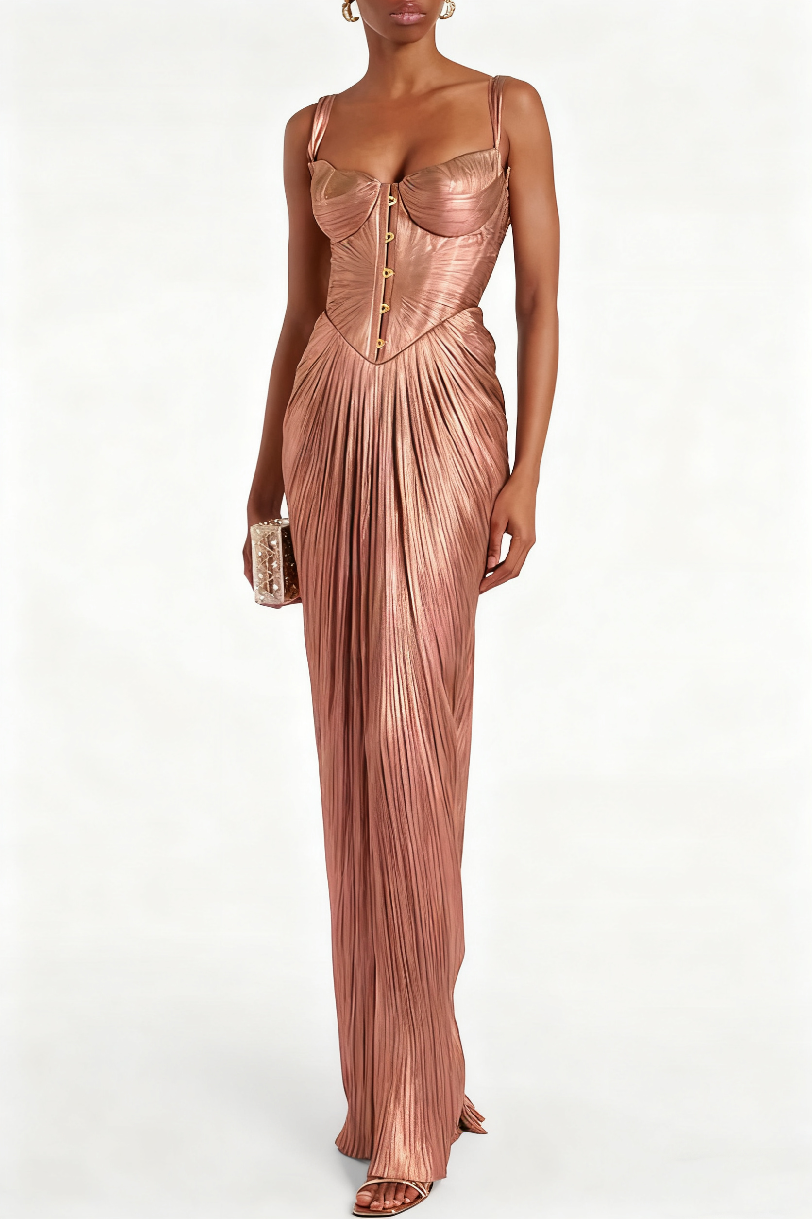 49% zniżki na wyprzedaż✨Vegas królowa metalowe plisowane rzeźbione bodice z powrotem z koronką Drape Maxi sukienka