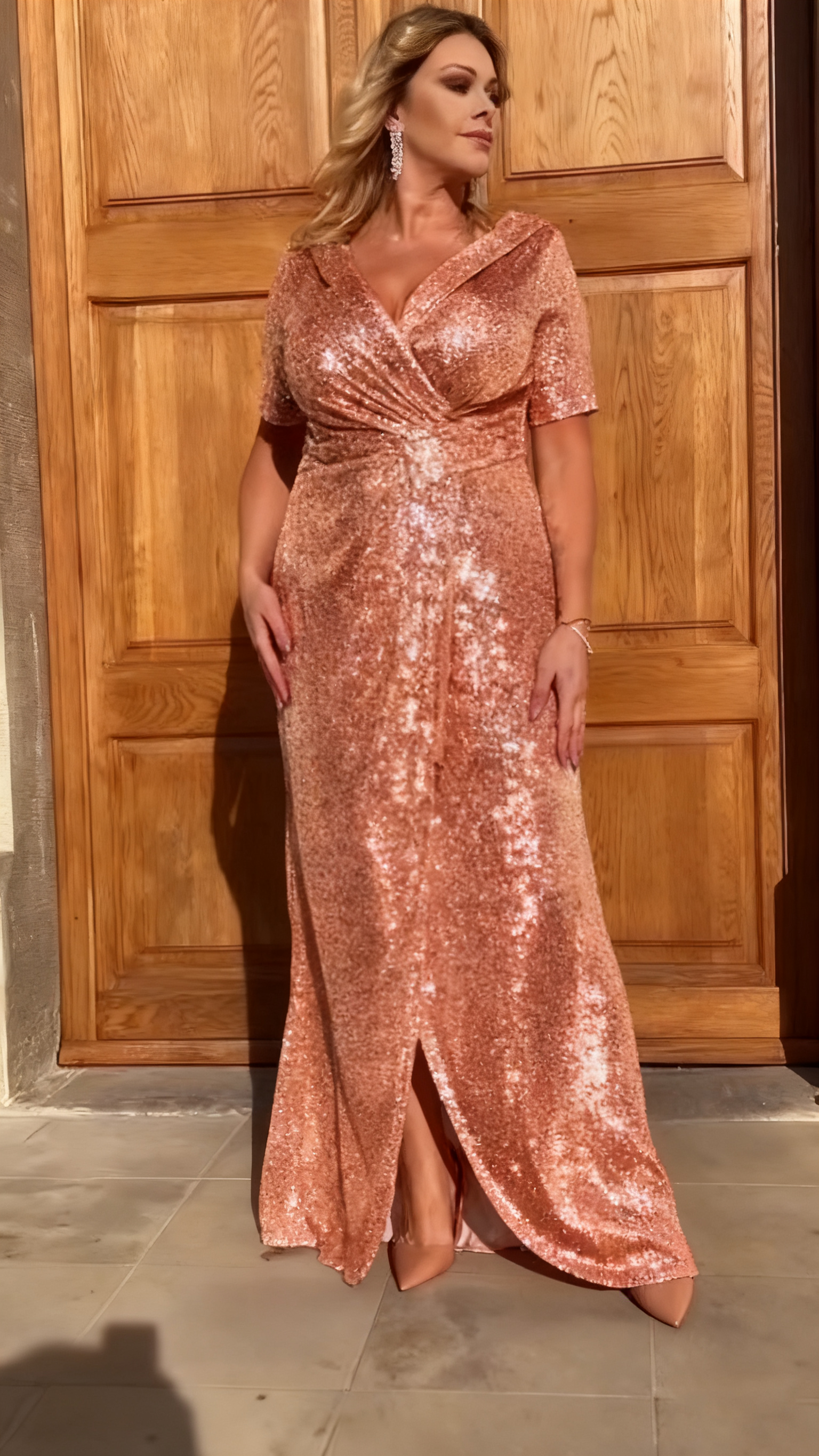 Suknia balowa z pailletami, dekoltem V i wysokim rozcięciem👗 Moda Plus Size! Promocja na Wyjątkową Kreację 🎉