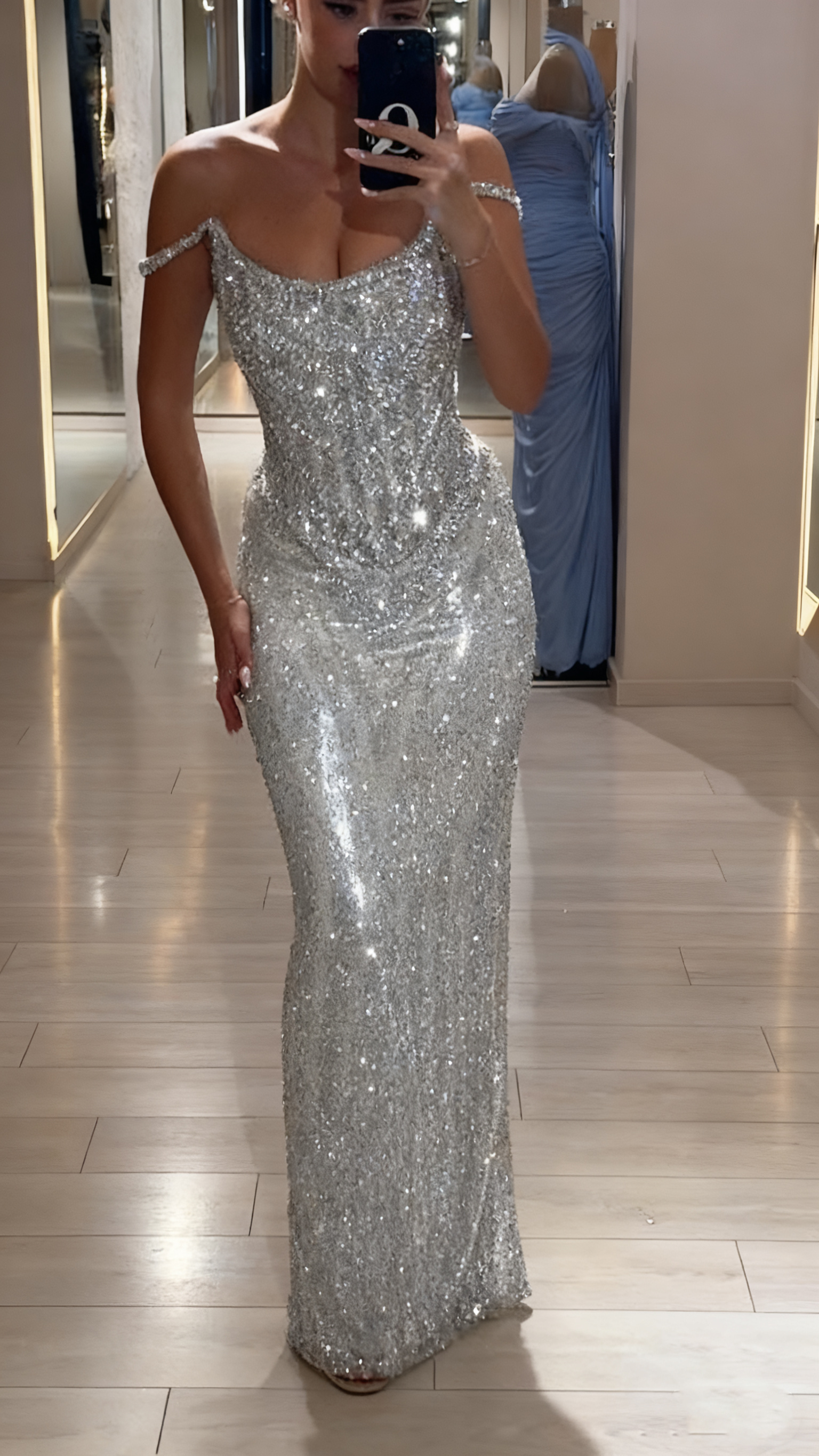 Suknia wieczorowa z brokatem, detalami luksusowymi, model off-shoulder✨ – Idealna na Najważniejsze Wieczory!🎉🎉🎉