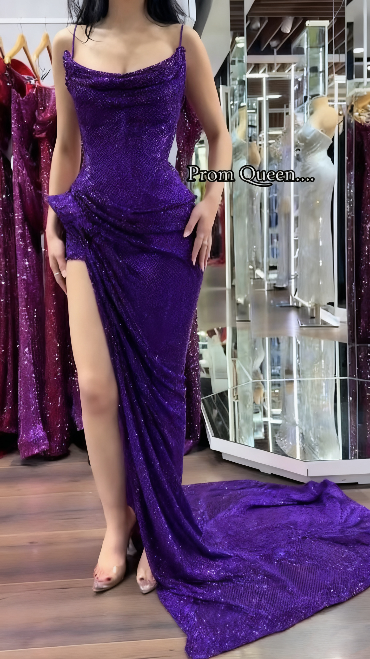 Suknia balowa z pailletami, dekoltem falbankowym i wysokim rozcięciem👗 Promocja! Idealna na bal i wieczór kawalerski 🎉