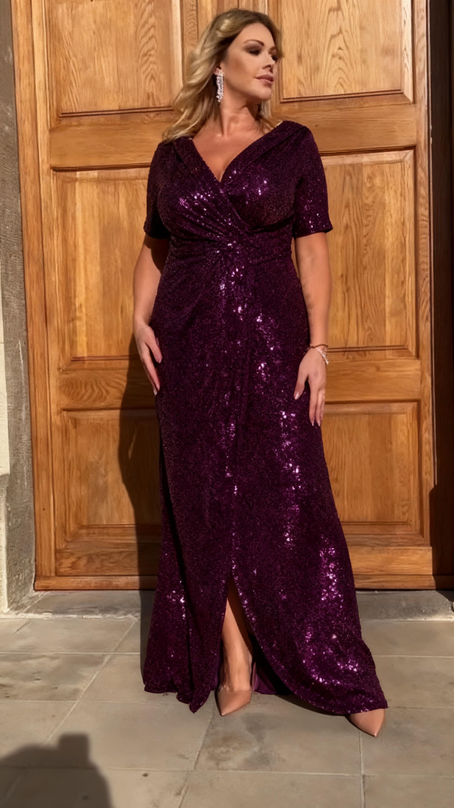 Suknia balowa z pailletami, dekoltem V i wysokim rozcięciem👗 Moda Plus Size! Promocja na Wyjątkową Kreację 🎉
