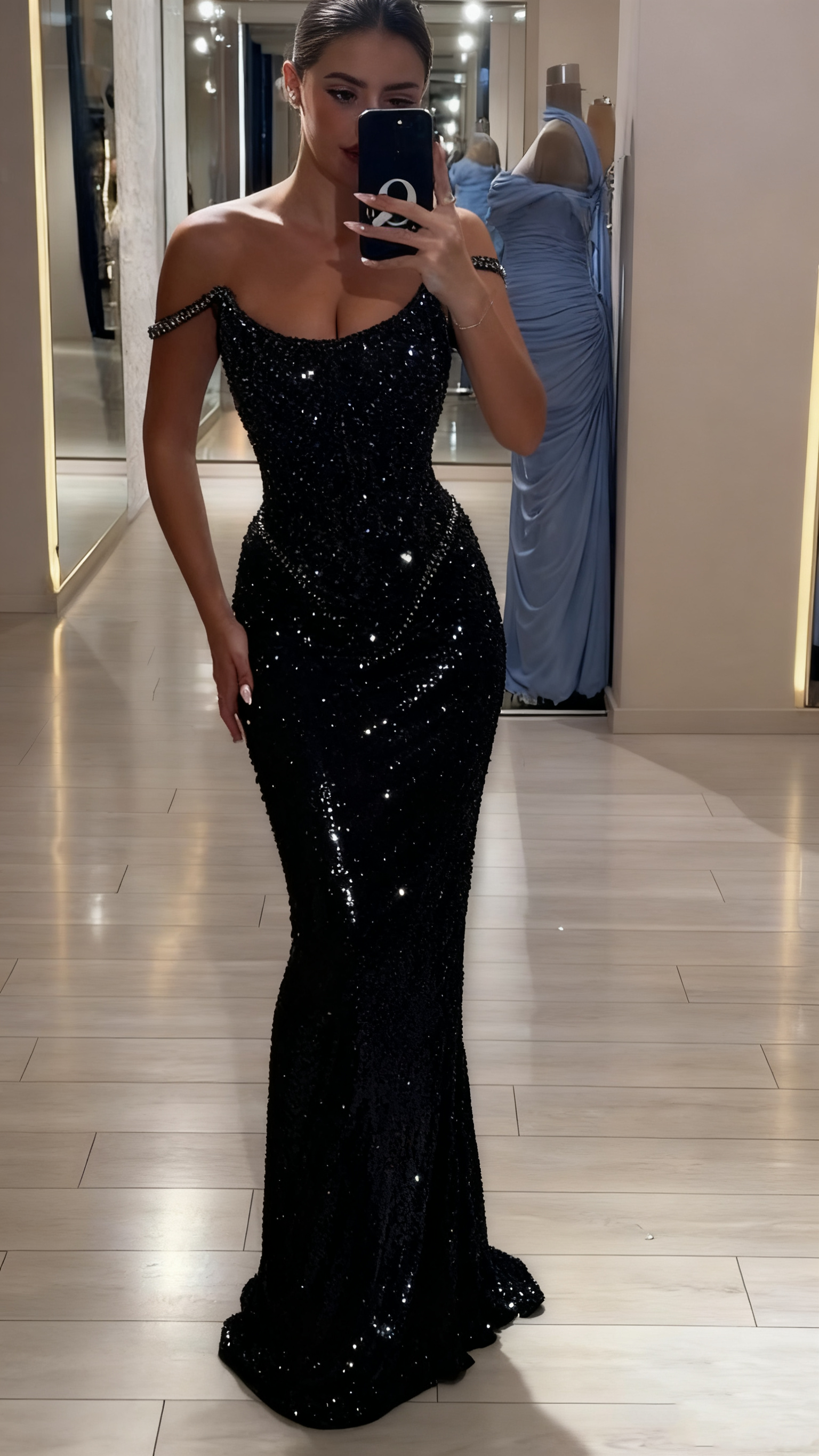 Suknia wieczorowa z brokatem, detalami luksusowymi, model off-shoulder✨ – Idealna na Najważniejsze Wieczory!🎉🎉🎉