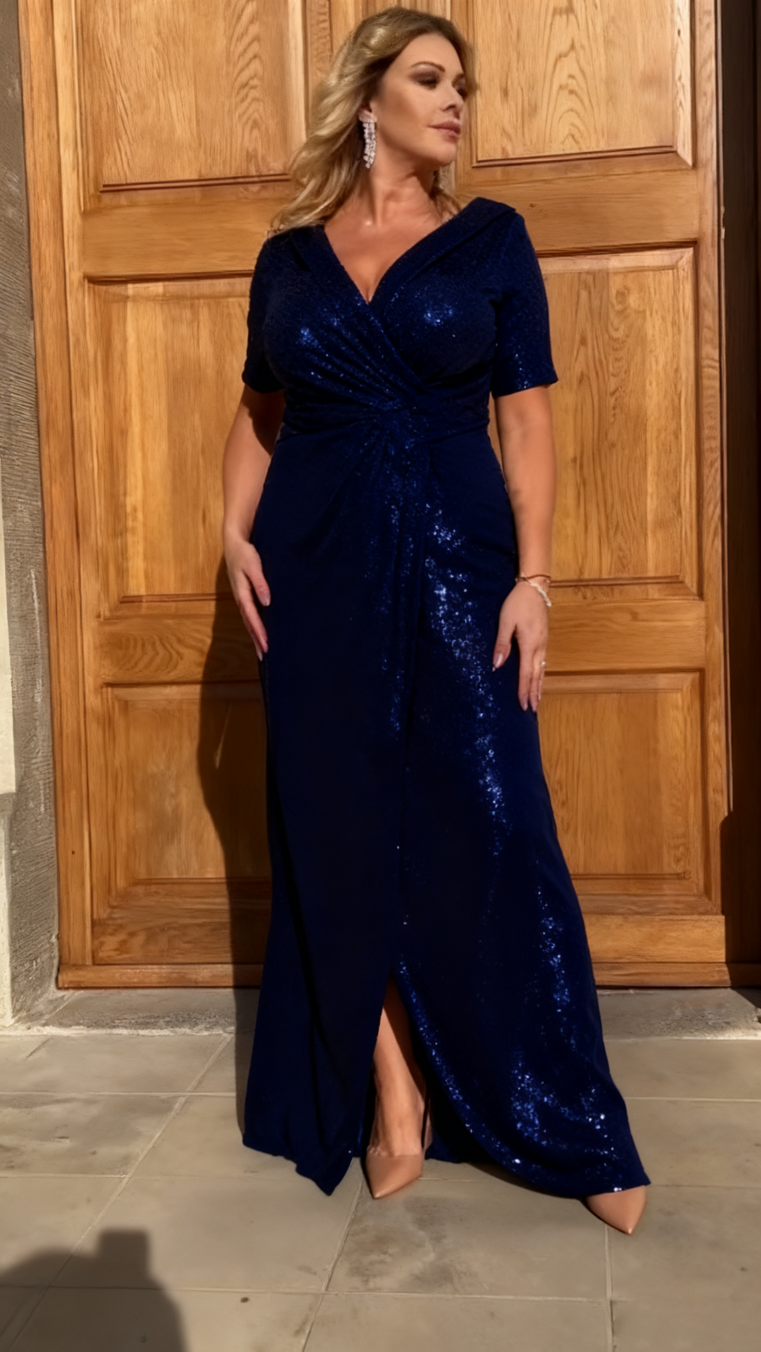 Suknia balowa z pailletami, dekoltem V i wysokim rozcięciem👗 Moda Plus Size! Promocja na Wyjątkową Kreację 🎉