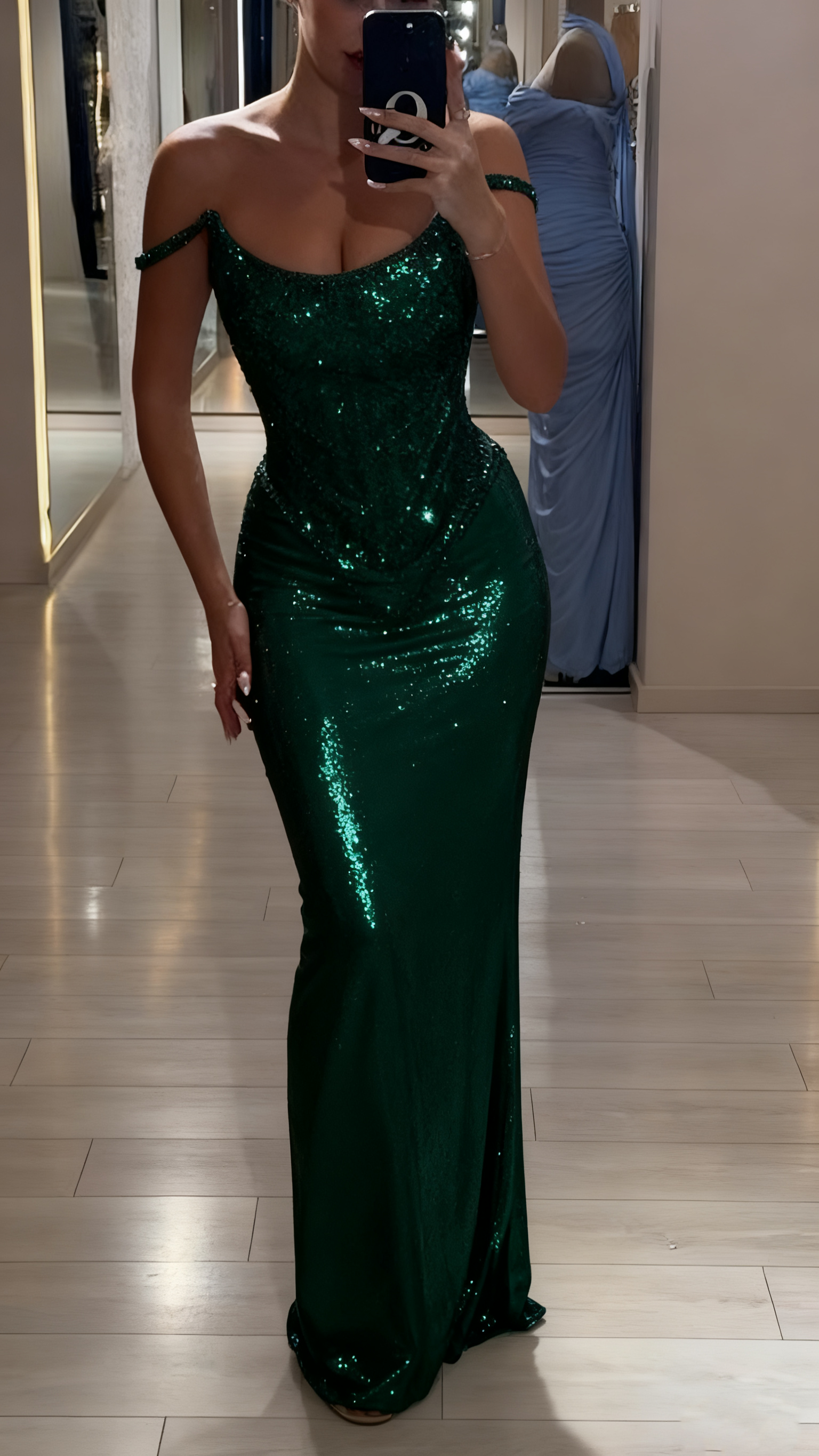 Suknia wieczorowa z brokatem, detalami luksusowymi, model off-shoulder✨ – Idealna na Najważniejsze Wieczory!🎉🎉🎉