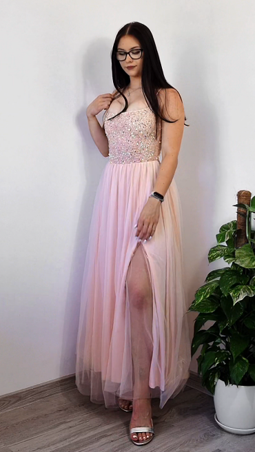 Suknia balowa bez pasów z brokatem, wysokim stanem i rozcięciem w tulle👗 Magiczna, idealna na bal i przyjęcia