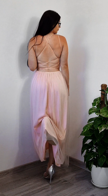 Suknia balowa bez pasów z brokatem, wysokim stanem i rozcięciem w tulle👗 Magiczna, idealna na bal i przyjęcia