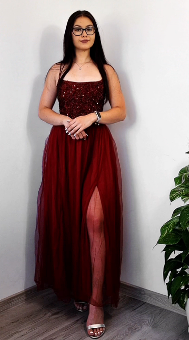 Suknia balowa bez pasów z brokatem, wysokim stanem i rozcięciem w tulle👗 Magiczna, idealna na bal i przyjęcia
