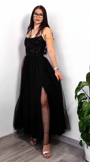 Suknia balowa bez pasów z brokatem, wysokim stanem i rozcięciem w tulle👗 Magiczna, idealna na bal i przyjęcia
