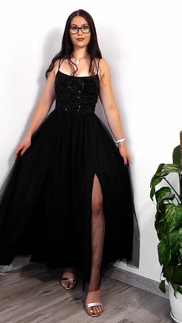 Suknia balowa bez pasów z brokatem, wysokim stanem i rozcięciem w tulle👗 Magiczna, idealna na bal i przyjęcia