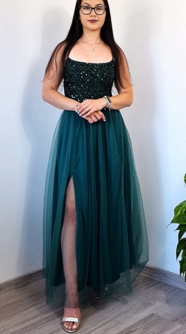 Suknia balowa bez pasów z brokatem, wysokim stanem i rozcięciem w tulle👗 Magiczna, idealna na bal i przyjęcia