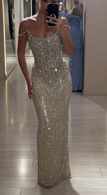 Suknia wieczorowa z brokatem, detalami luksusowymi, model off-shoulder✨ – Idealna na Najważniejsze Wieczory!🎉🎉🎉