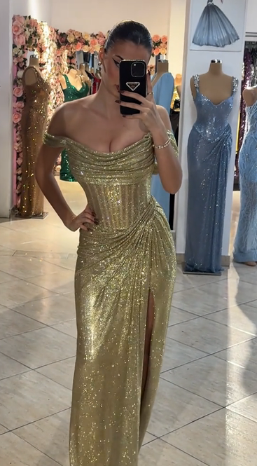 Suknia wieczorowa z błyszczącymi detalami, dekolt falbankowy, model maxi⏳ – Oferta Tymczasowa! Odbij się w Luksusie✨