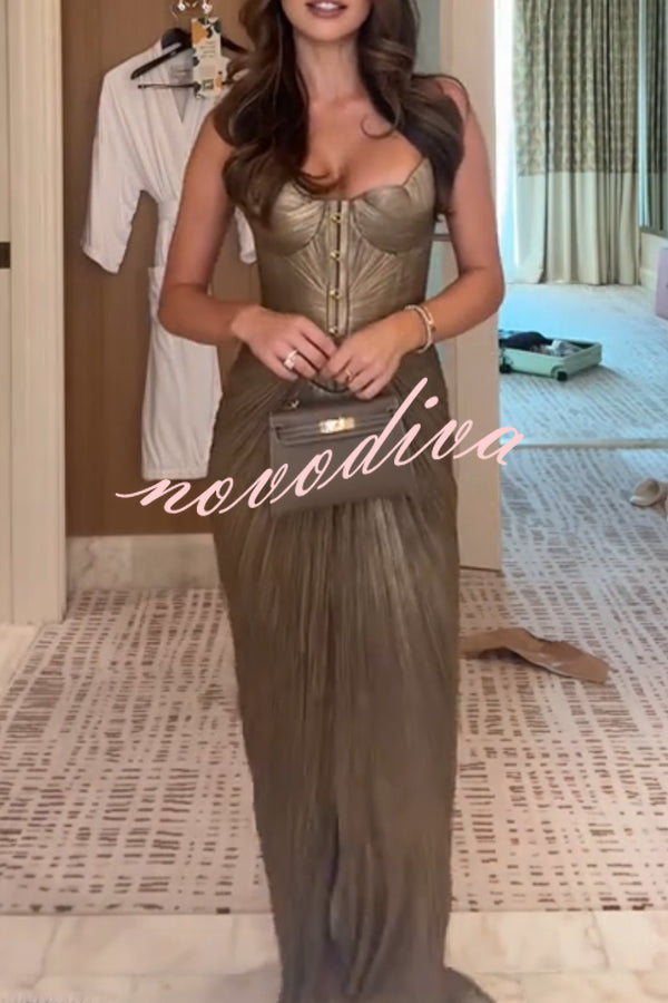 49% zniżki na wyprzedaż✨Vegas królowa metalowe plisowane rzeźbione bodice z powrotem z koronką Drape Maxi sukienka