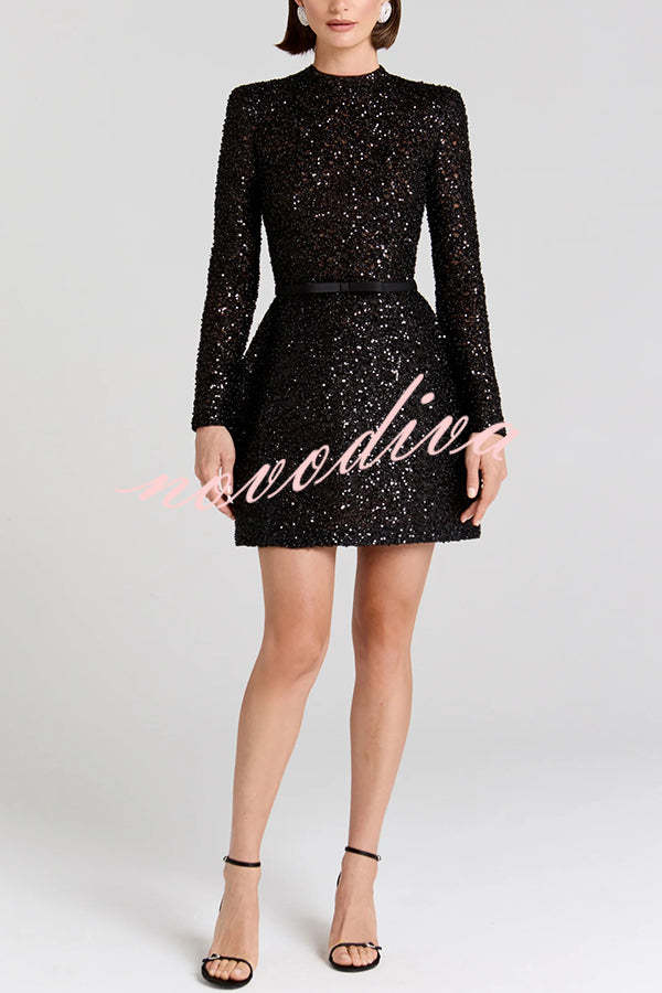 49% zniżki na wyprzedaż✨Edie Sequin High Neck długi rękaw satyn łuk pasy tulipan mini sukienka