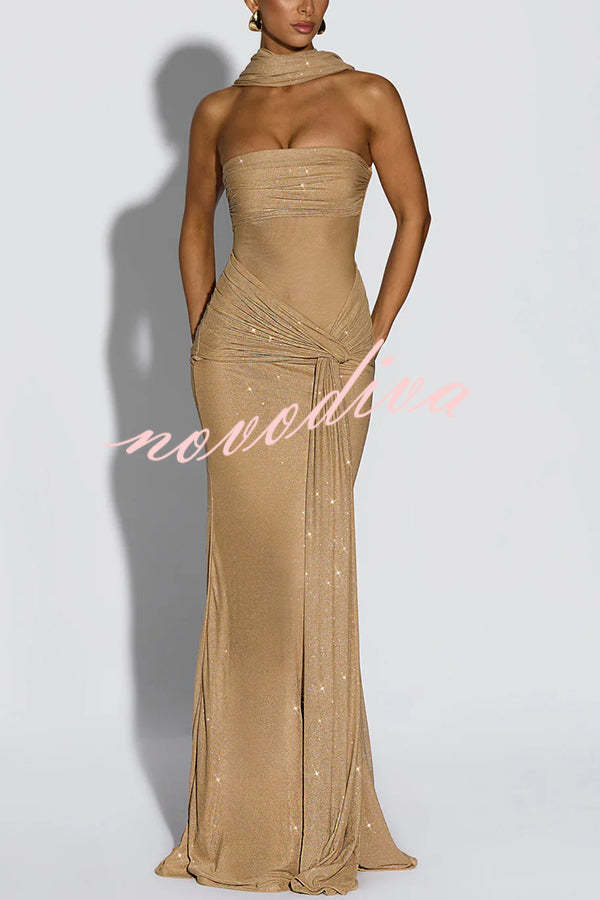 49% zniżki na wyprzedaż✨Paula Sequined siatki i Jersey z ramienia Ruched węzeł zasłona szal Maxi sukienka