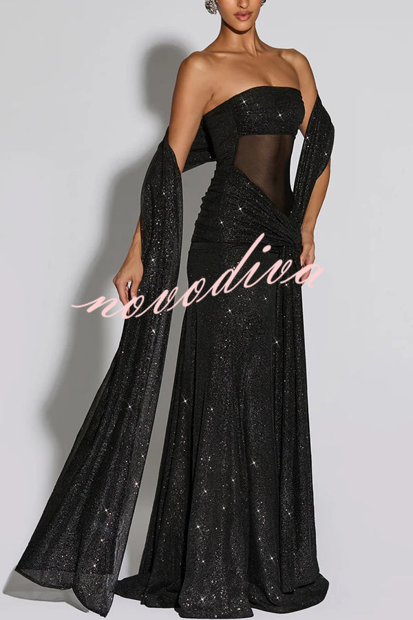 49% zniżki na wyprzedaż✨Paula Sequined siatki i Jersey z ramienia Ruched węzeł zasłona szal Maxi sukienka