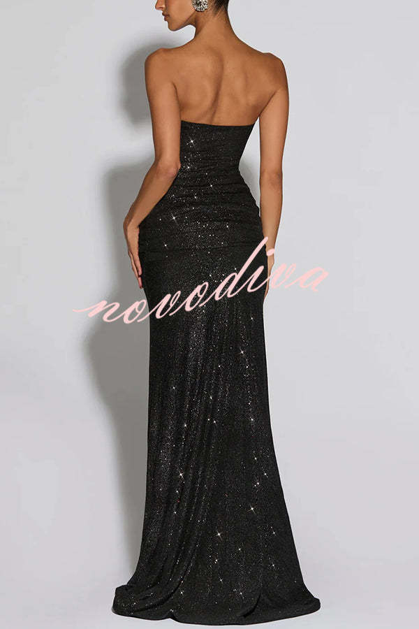 49% zniżki na wyprzedaż✨Paula Sequined siatki i Jersey z ramienia Ruched węzeł zasłona szal Maxi sukienka