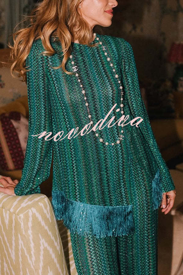 49% zniżki na wyprzedaż✨Relaksujący czas Dzianina Zigzag wzór Tassel Trim szczelina Top i szerokie spodnie nogi Zestaw